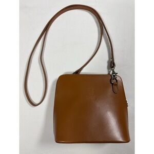 Vera Pelle Italian Leather Crossbody Bag Dome Cognac Fleur de Lis Made in Italy